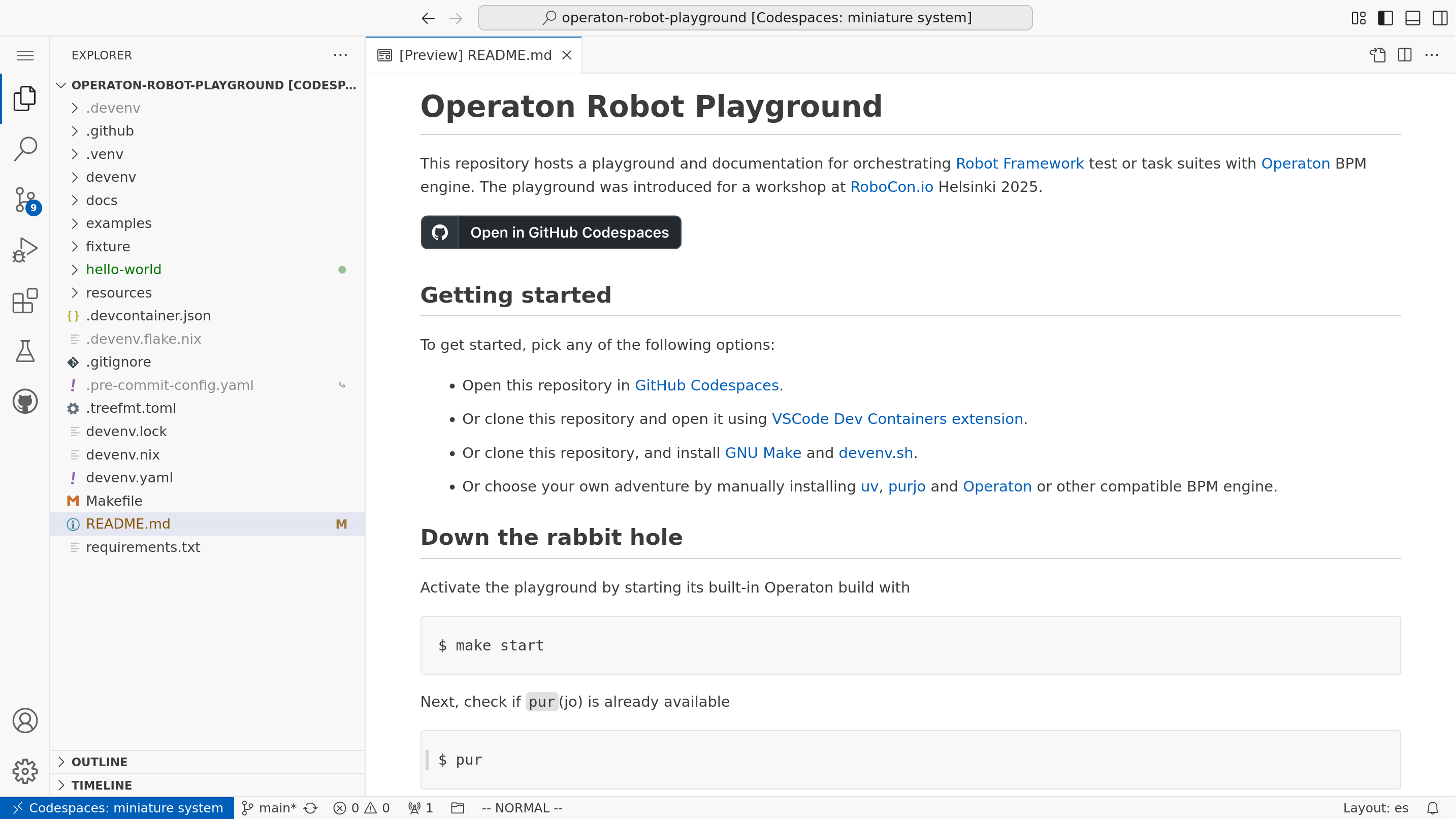 Screenshot of GitHub Codespaces