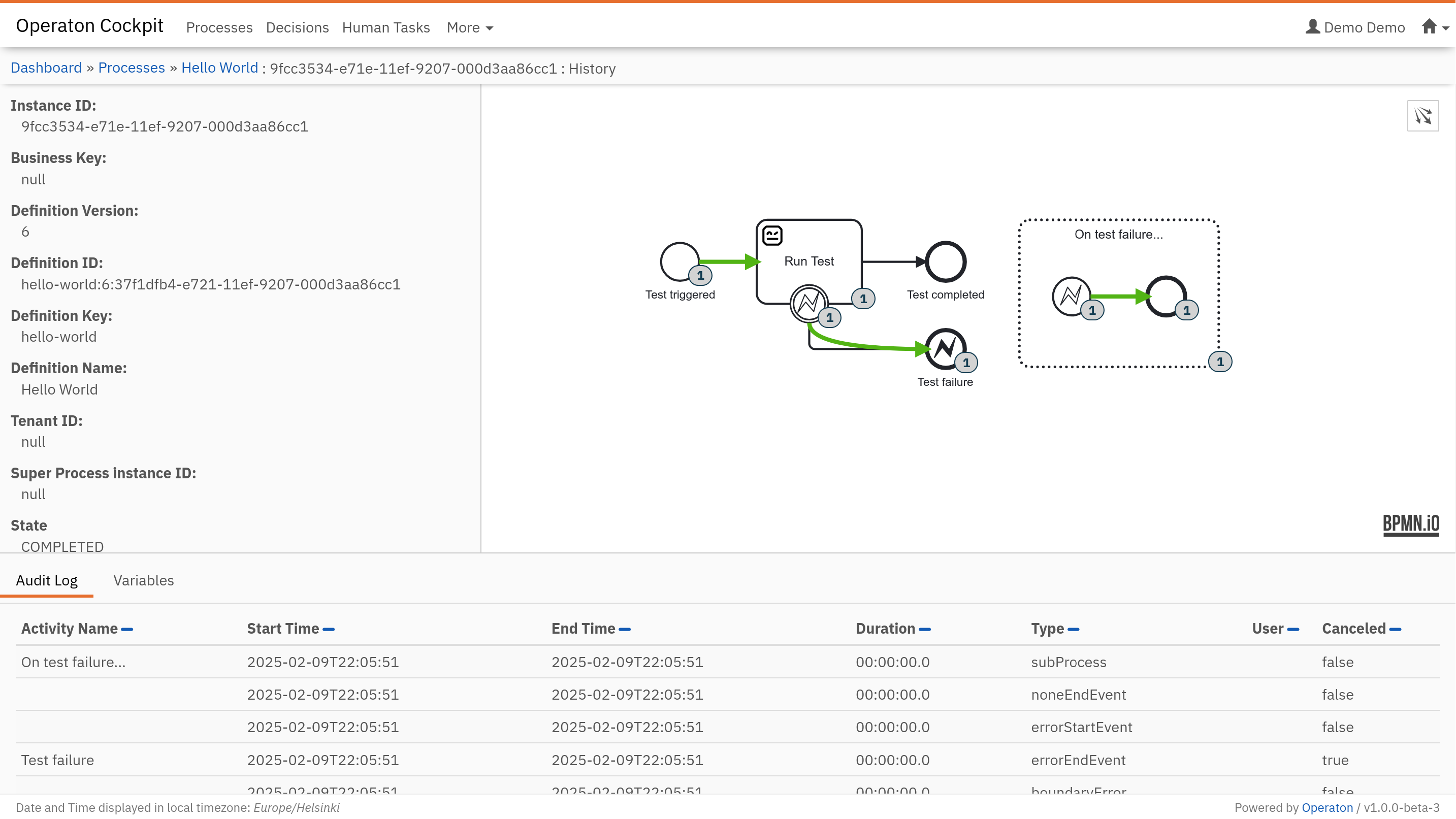 BPMN error on Robot Framework failure