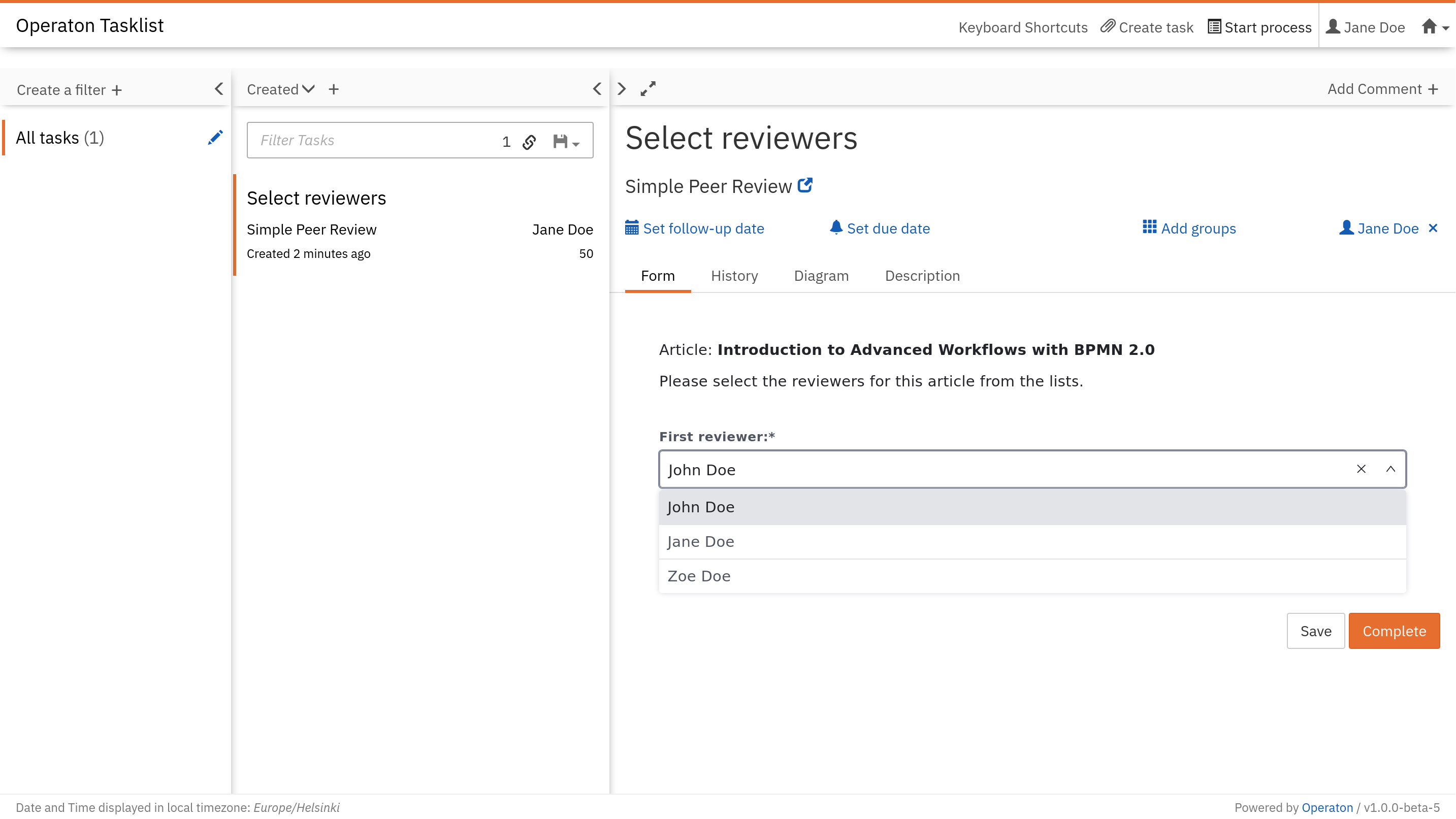 Operaton Tasklist with form