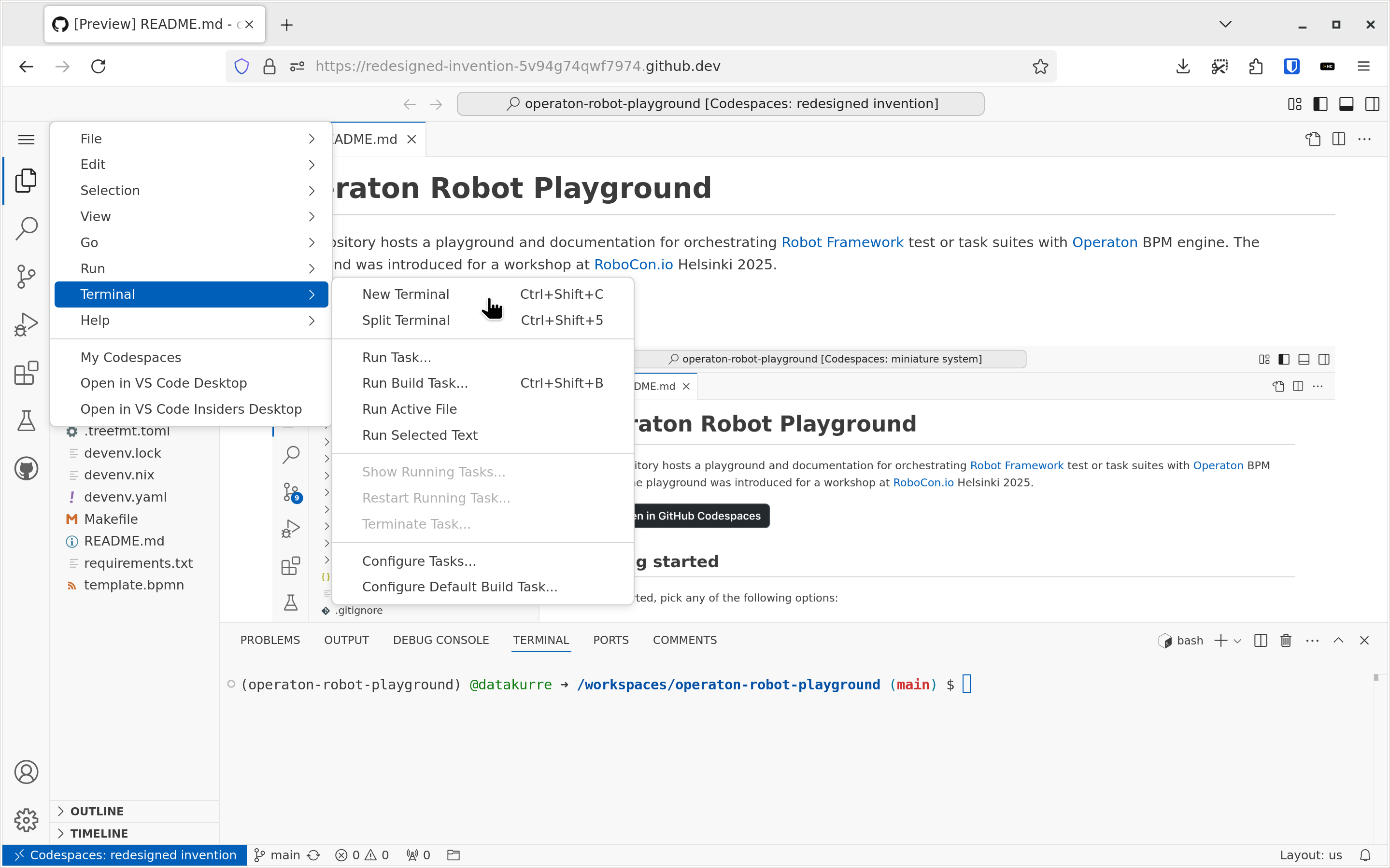 Screenshot of terminal in GitHub Codespaces