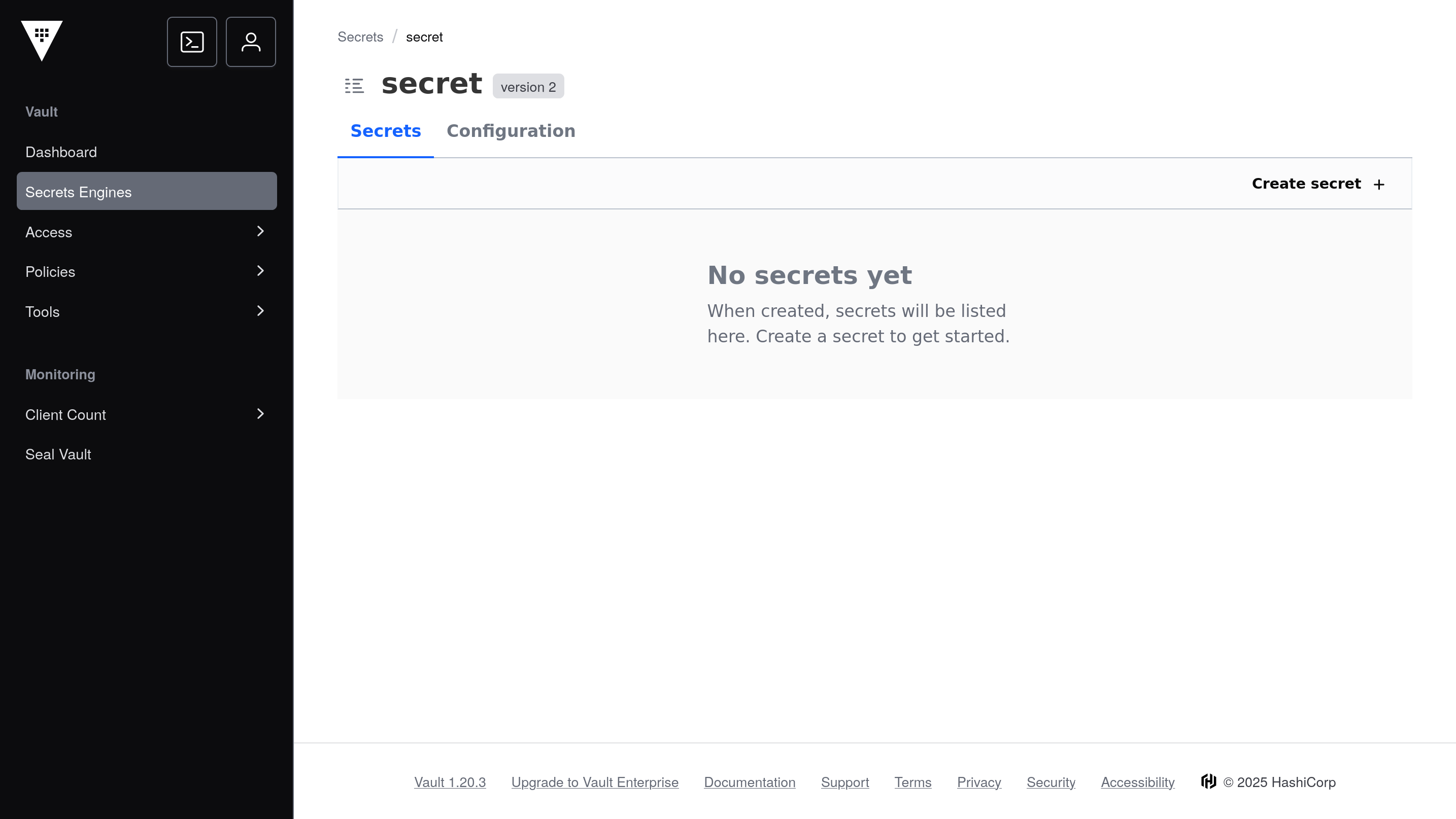 Screenshot of Vault secrets